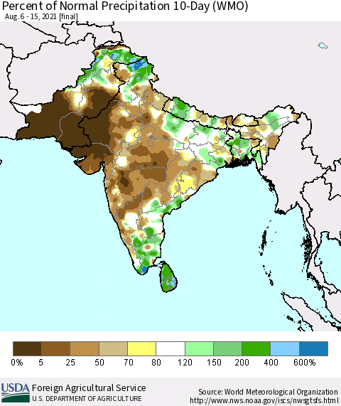 Southern Asia Percent of Normal Precipitation 10-Day (WMO) Thematic Map For 8/6/2021 - 8/15/2021