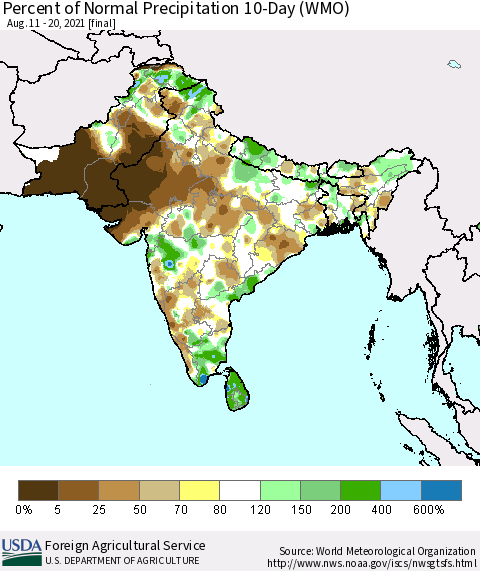 Southern Asia Percent of Normal Precipitation 10-Day (WMO) Thematic Map For 8/11/2021 - 8/20/2021
