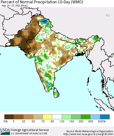 Southern Asia Percent of Normal Precipitation 10-Day (WMO) Thematic Map For 8/16/2021 - 8/25/2021