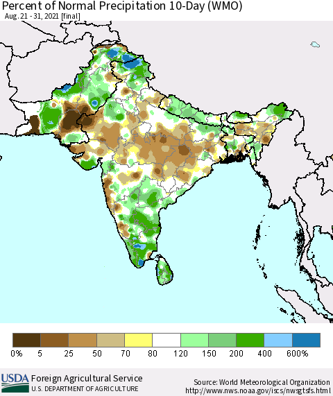 Southern Asia Percent of Normal Precipitation 10-Day (WMO) Thematic Map For 8/21/2021 - 8/31/2021