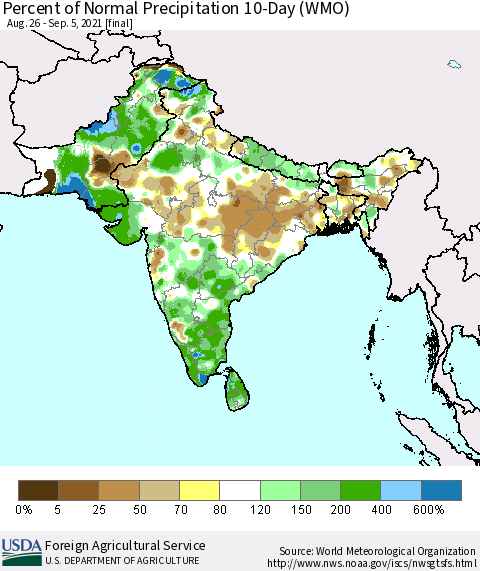 Southern Asia Percent of Normal Precipitation 10-Day (WMO) Thematic Map For 8/26/2021 - 9/5/2021