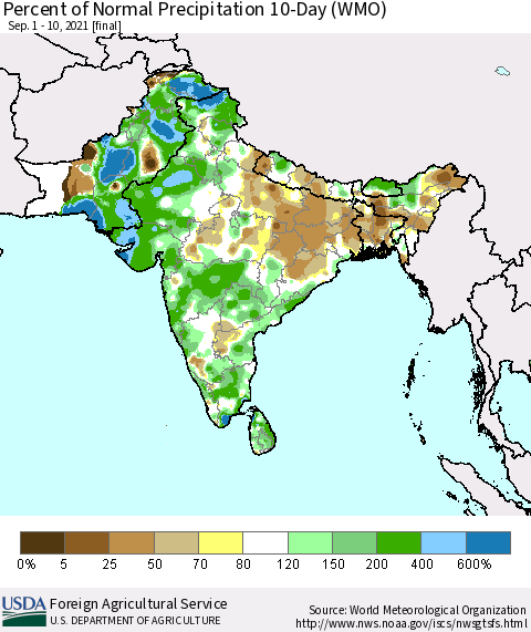 Southern Asia Percent of Normal Precipitation 10-Day (WMO) Thematic Map For 9/1/2021 - 9/10/2021