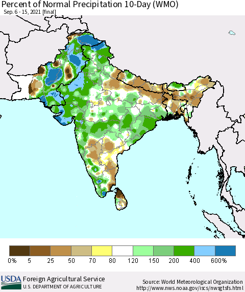 Southern Asia Percent of Normal Precipitation 10-Day (WMO) Thematic Map For 9/6/2021 - 9/15/2021