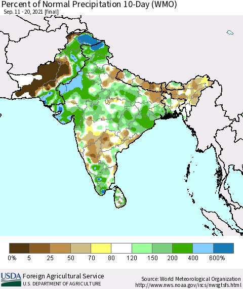 Southern Asia Percent of Normal Precipitation 10-Day (WMO) Thematic Map For 9/11/2021 - 9/20/2021