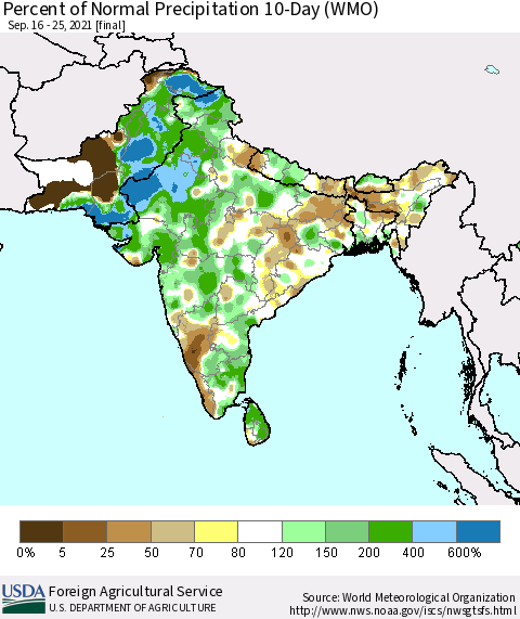 Southern Asia Percent of Normal Precipitation 10-Day (WMO) Thematic Map For 9/16/2021 - 9/25/2021