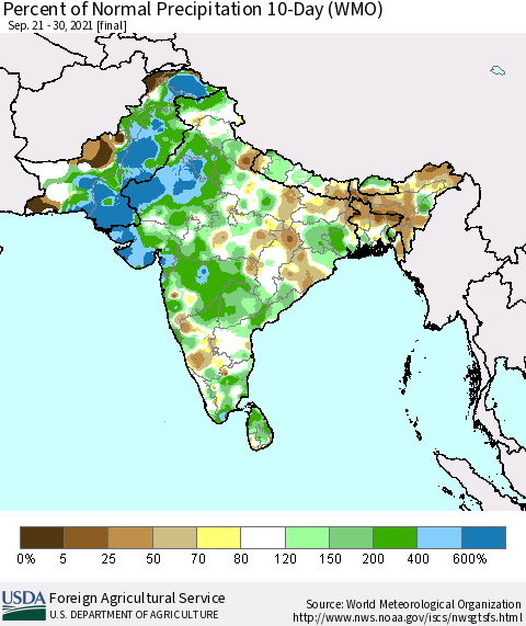 Southern Asia Percent of Normal Precipitation 10-Day (WMO) Thematic Map For 9/21/2021 - 9/30/2021