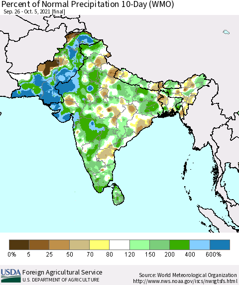 Southern Asia Percent of Normal Precipitation 10-Day (WMO) Thematic Map For 9/26/2021 - 10/5/2021