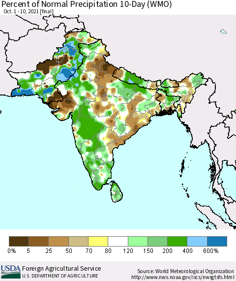 Southern Asia Percent of Normal Precipitation 10-Day (WMO) Thematic Map For 10/1/2021 - 10/10/2021