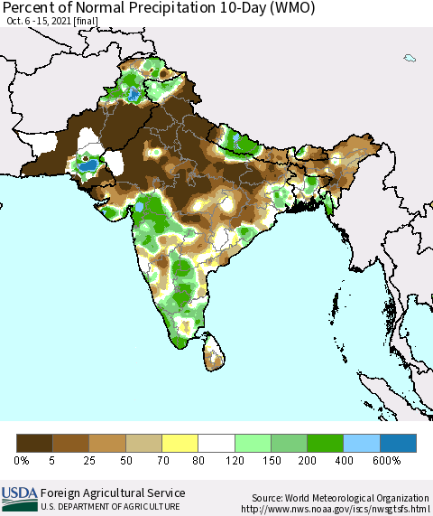 Southern Asia Percent of Normal Precipitation 10-Day (WMO) Thematic Map For 10/6/2021 - 10/15/2021