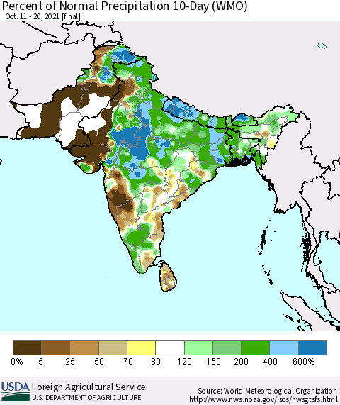 Southern Asia Percent of Normal Precipitation 10-Day (WMO) Thematic Map For 10/11/2021 - 10/20/2021