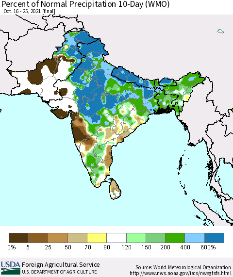 Southern Asia Percent of Normal Precipitation 10-Day (WMO) Thematic Map For 10/16/2021 - 10/25/2021