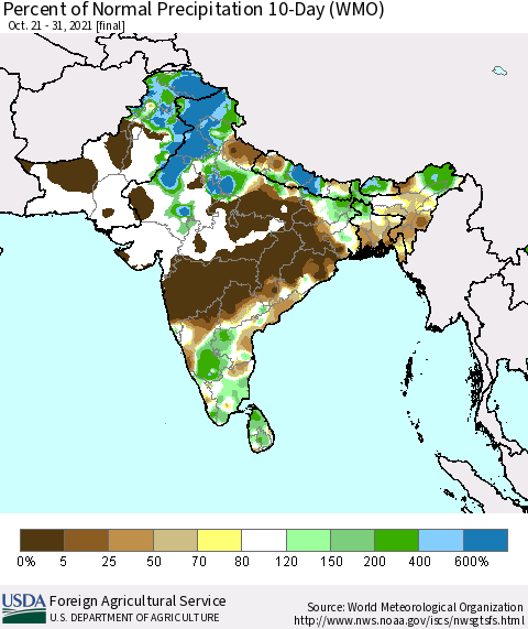Southern Asia Percent of Normal Precipitation 10-Day (WMO) Thematic Map For 10/21/2021 - 10/31/2021
