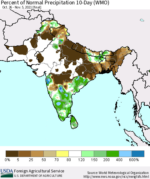 Southern Asia Percent of Normal Precipitation 10-Day (WMO) Thematic Map For 10/26/2021 - 11/5/2021