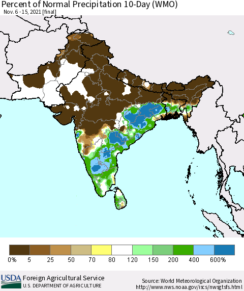 Southern Asia Percent of Normal Precipitation 10-Day (WMO) Thematic Map For 11/6/2021 - 11/15/2021