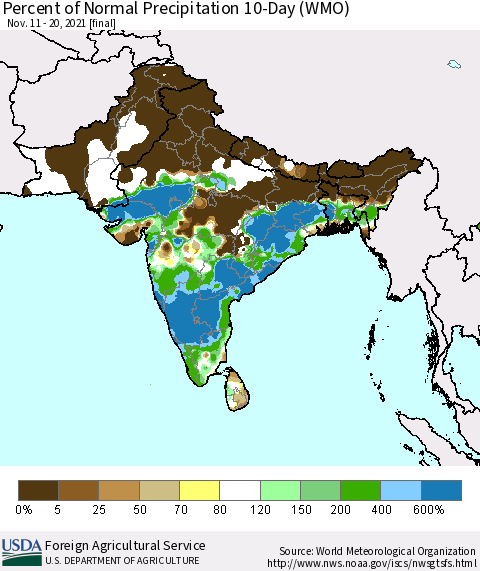 Southern Asia Percent of Normal Precipitation 10-Day (WMO) Thematic Map For 11/11/2021 - 11/20/2021