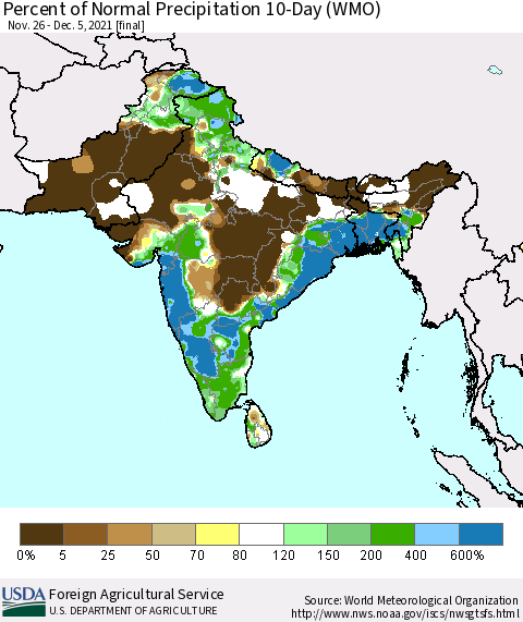 Southern Asia Percent of Normal Precipitation 10-Day (WMO) Thematic Map For 11/26/2021 - 12/5/2021