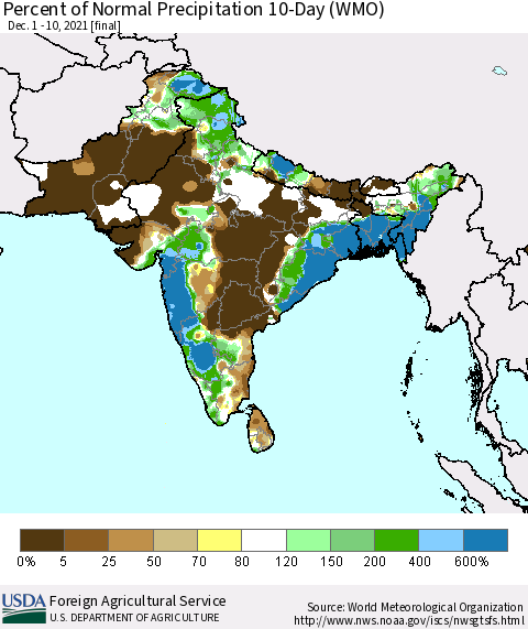 Southern Asia Percent of Normal Precipitation 10-Day (WMO) Thematic Map For 12/1/2021 - 12/10/2021