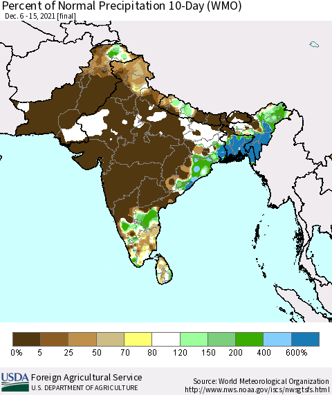 Southern Asia Percent of Normal Precipitation 10-Day (WMO) Thematic Map For 12/6/2021 - 12/15/2021