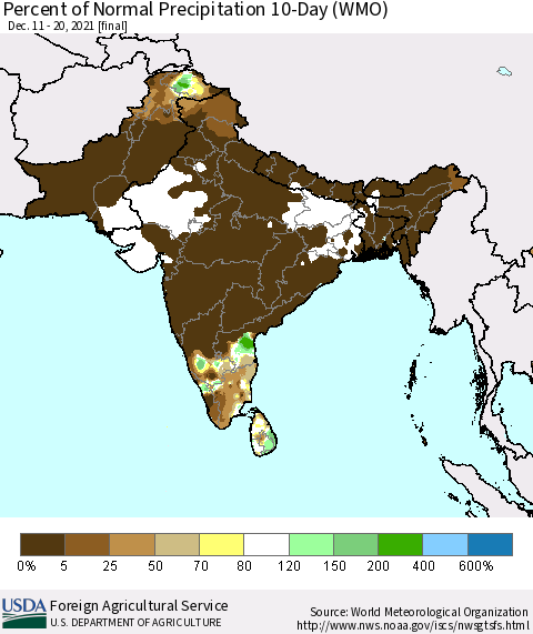 Southern Asia Percent of Normal Precipitation 10-Day (WMO) Thematic Map For 12/11/2021 - 12/20/2021