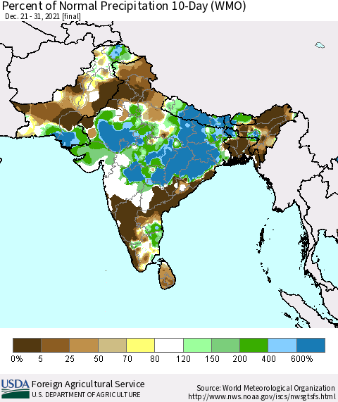 Southern Asia Percent of Normal Precipitation 10-Day (WMO) Thematic Map For 12/21/2021 - 12/31/2021