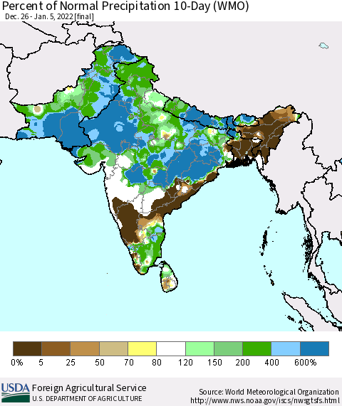 Southern Asia Percent of Normal Precipitation 10-Day (WMO) Thematic Map For 12/26/2021 - 1/5/2022