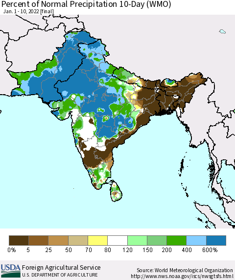 Southern Asia Percent of Normal Precipitation 10-Day (WMO) Thematic Map For 1/1/2022 - 1/10/2022
