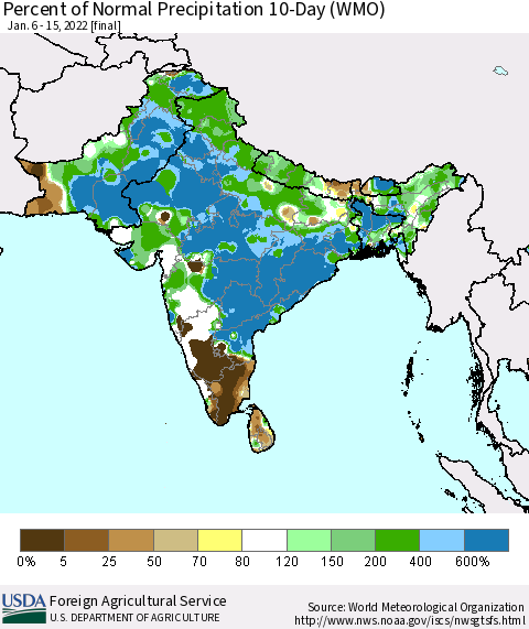 Southern Asia Percent of Normal Precipitation 10-Day (WMO) Thematic Map For 1/6/2022 - 1/15/2022