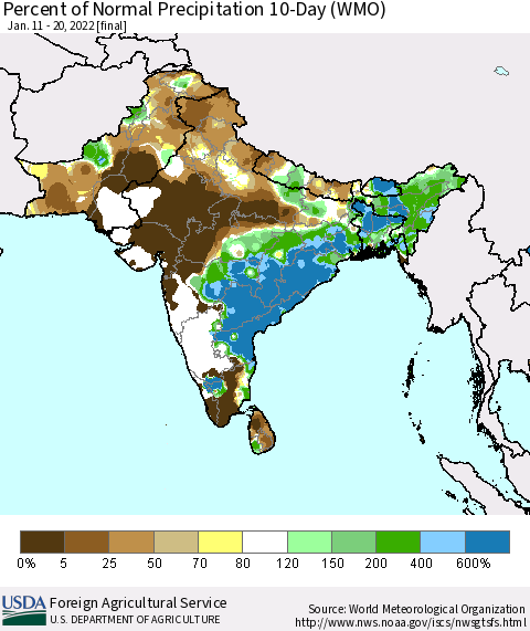 Southern Asia Percent of Normal Precipitation 10-Day (WMO) Thematic Map For 1/11/2022 - 1/20/2022