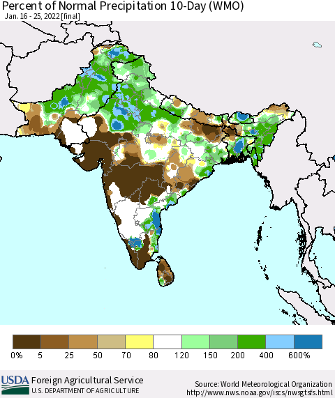 Southern Asia Percent of Normal Precipitation 10-Day (WMO) Thematic Map For 1/16/2022 - 1/25/2022