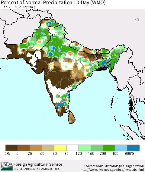 Southern Asia Percent of Normal Precipitation 10-Day (WMO) Thematic Map For 1/21/2022 - 1/31/2022