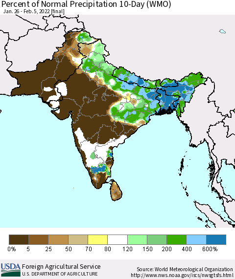 Southern Asia Percent of Normal Precipitation 10-Day (WMO) Thematic Map For 1/26/2022 - 2/5/2022