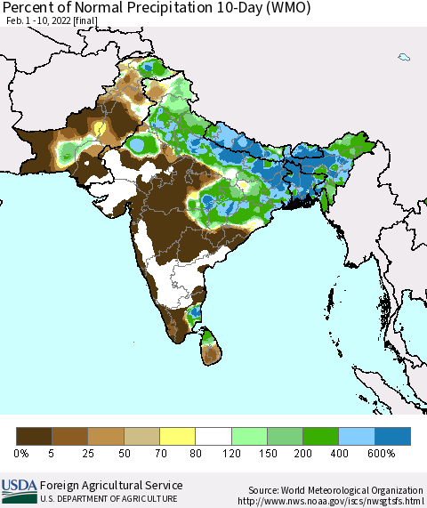 Southern Asia Percent of Normal Precipitation 10-Day (WMO) Thematic Map For 2/1/2022 - 2/10/2022