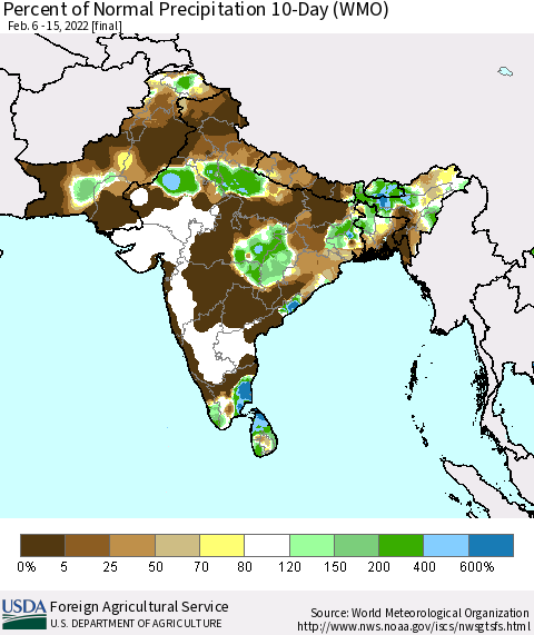 Southern Asia Percent of Normal Precipitation 10-Day (WMO) Thematic Map For 2/6/2022 - 2/15/2022