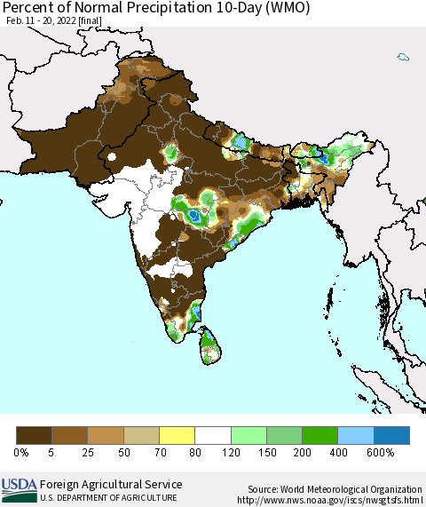 Southern Asia Percent of Normal Precipitation 10-Day (WMO) Thematic Map For 2/11/2022 - 2/20/2022