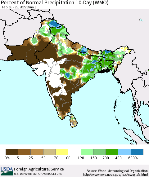 Southern Asia Percent of Normal Precipitation 10-Day (WMO) Thematic Map For 2/16/2022 - 2/25/2022