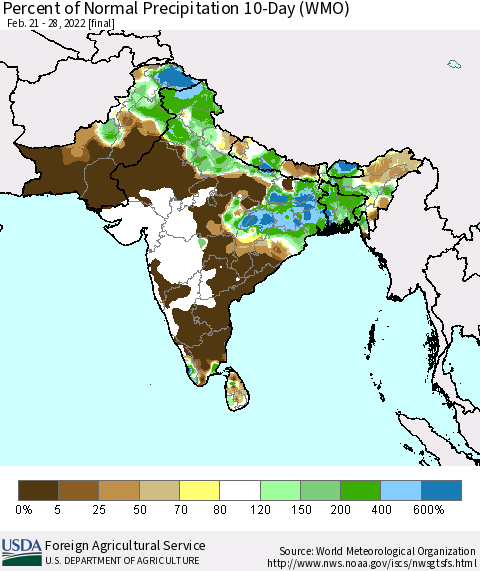 Southern Asia Percent of Normal Precipitation 10-Day (WMO) Thematic Map For 2/21/2022 - 2/28/2022