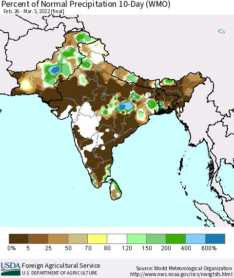Southern Asia Percent of Normal Precipitation 10-Day (WMO) Thematic Map For 2/26/2022 - 3/5/2022