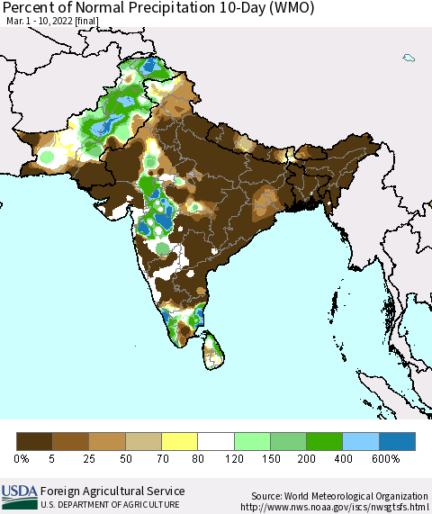 Southern Asia Percent of Normal Precipitation 10-Day (WMO) Thematic Map For 3/1/2022 - 3/10/2022