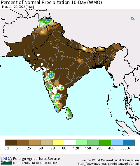 Southern Asia Percent of Normal Precipitation 10-Day (WMO) Thematic Map For 3/11/2022 - 3/20/2022