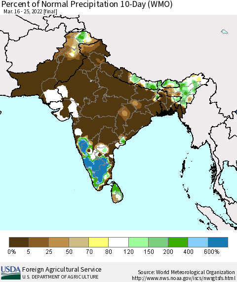 Southern Asia Percent of Normal Precipitation 10-Day (WMO) Thematic Map For 3/16/2022 - 3/25/2022