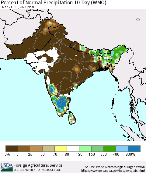 Southern Asia Percent of Normal Precipitation 10-Day (WMO) Thematic Map For 3/21/2022 - 3/31/2022