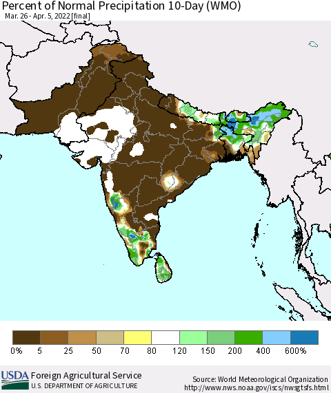 Southern Asia Percent of Normal Precipitation 10-Day (WMO) Thematic Map For 3/26/2022 - 4/5/2022