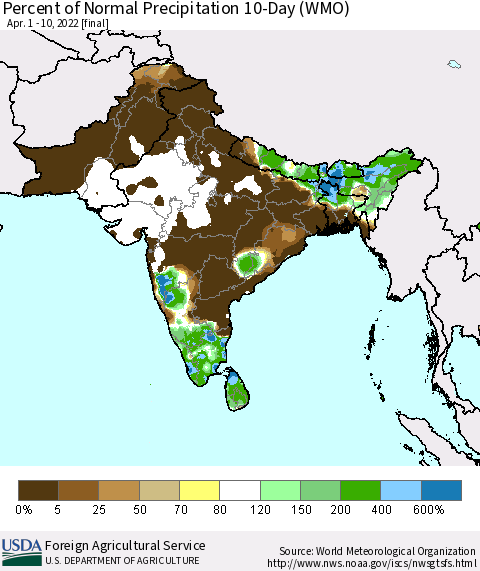 Southern Asia Percent of Normal Precipitation 10-Day (WMO) Thematic Map For 4/1/2022 - 4/10/2022