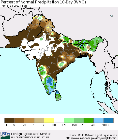 Southern Asia Percent of Normal Precipitation 10-Day (WMO) Thematic Map For 4/6/2022 - 4/15/2022