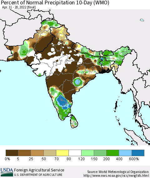 Southern Asia Percent of Normal Precipitation 10-Day (WMO) Thematic Map For 4/11/2022 - 4/20/2022