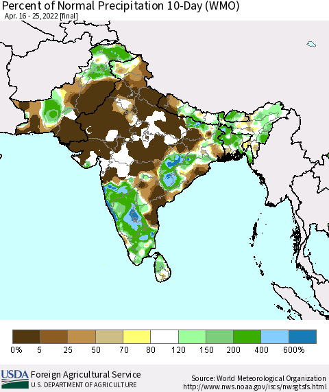 Southern Asia Percent of Normal Precipitation 10-Day (WMO) Thematic Map For 4/16/2022 - 4/25/2022