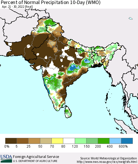 Southern Asia Percent of Normal Precipitation 10-Day (WMO) Thematic Map For 4/21/2022 - 4/30/2022