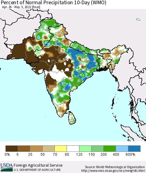 Southern Asia Percent of Normal Precipitation 10-Day (WMO) Thematic Map For 4/26/2022 - 5/5/2022