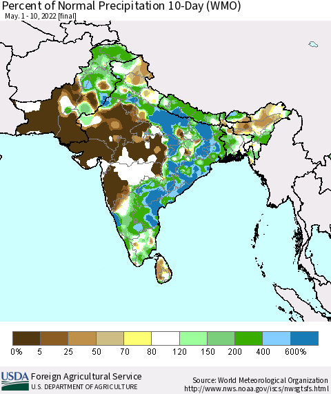 Southern Asia Percent of Normal Precipitation 10-Day (WMO) Thematic Map For 5/1/2022 - 5/10/2022