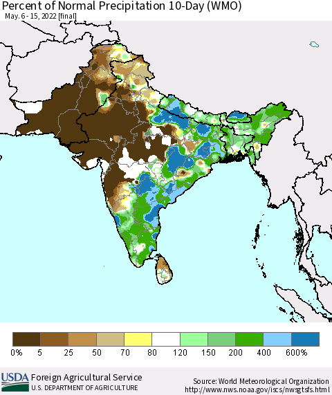 Southern Asia Percent of Normal Precipitation 10-Day (WMO) Thematic Map For 5/6/2022 - 5/15/2022